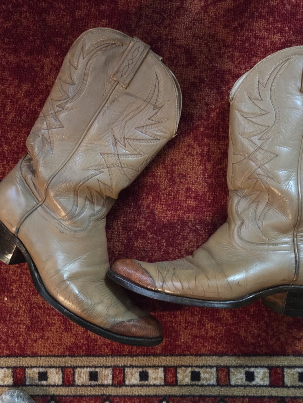 Vintage DAN POST Biege Cowboy Western Boots/Briwn Toe & Brass Heel Cap Size 12